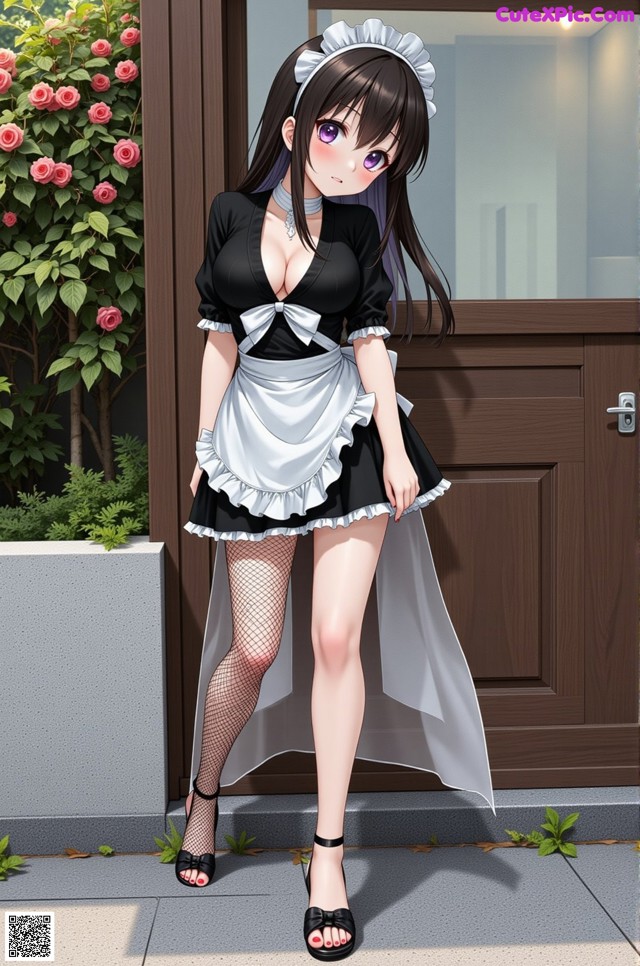 A woman in a maid outfit standing in front of a door.